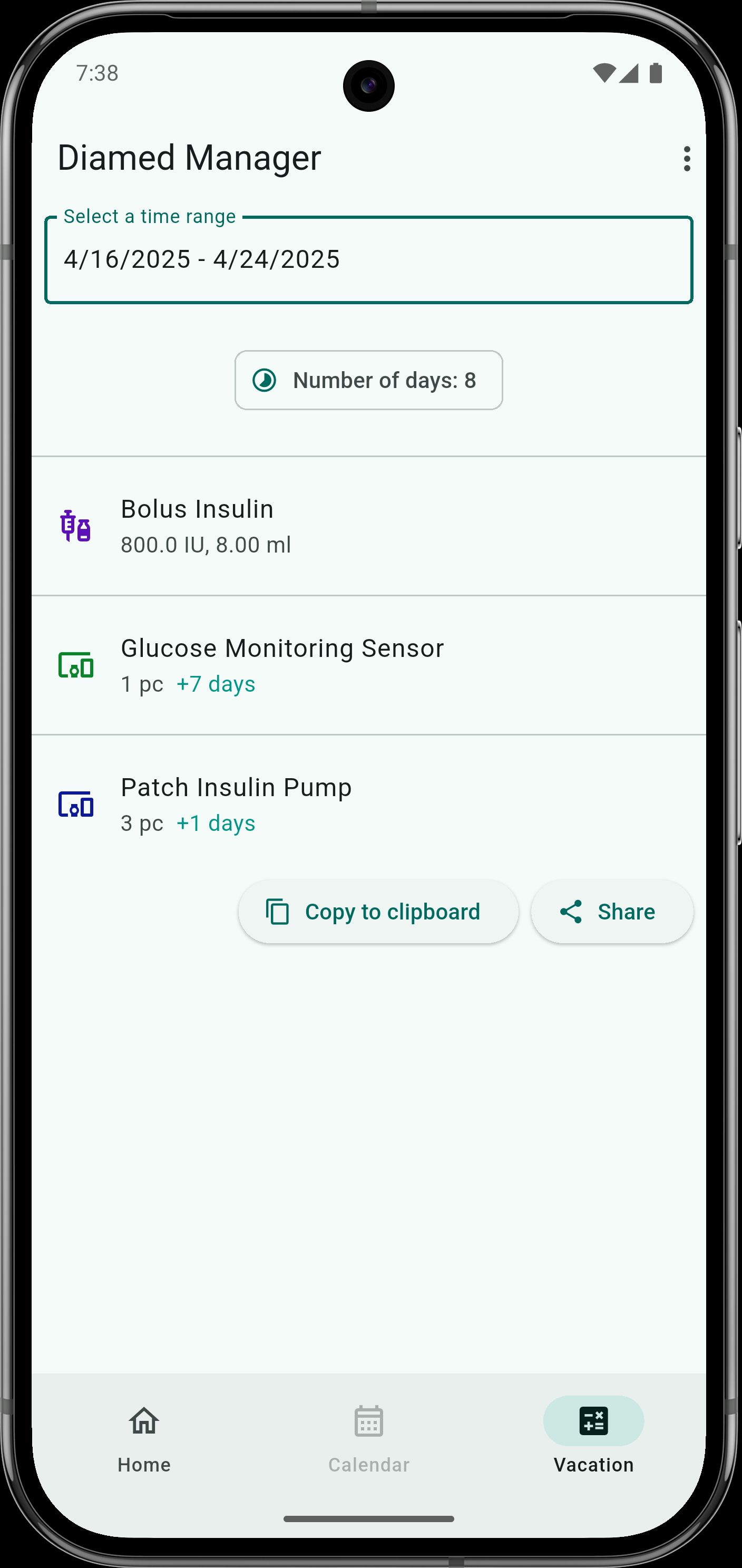 Screenshot of vacation tool page in action of Diamed Manager