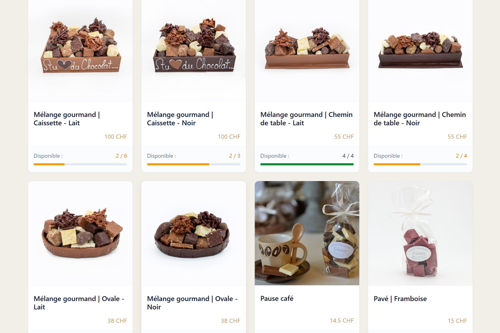 Screenshot of the middle section of the chocomat.chocolatier-tristan.ch website